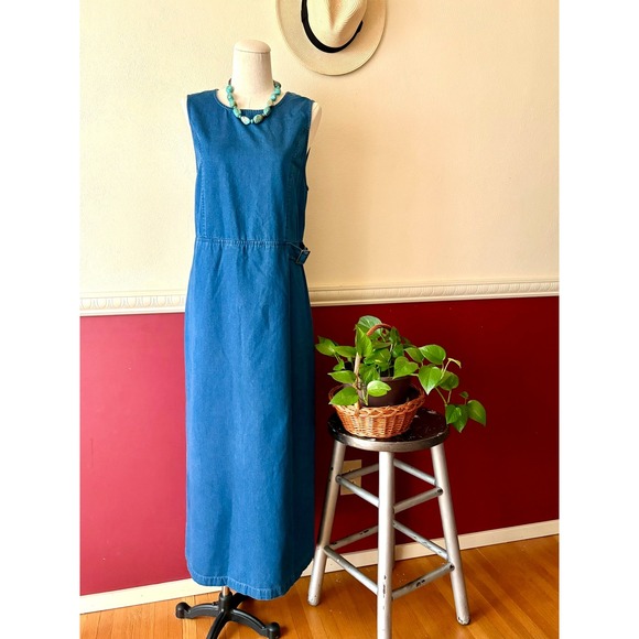 Talbots Dresses & Skirts - Vintage Talbots Denim Maxi Dress 100% Cotton Sleeveless Side Cinch Wrap Skirt 10